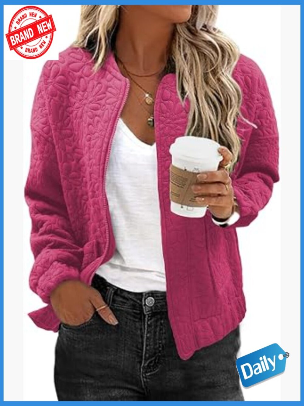Womens Bomber Jacket Spring Lightweight Zip Up Casual Jacquard Coat with Pockets